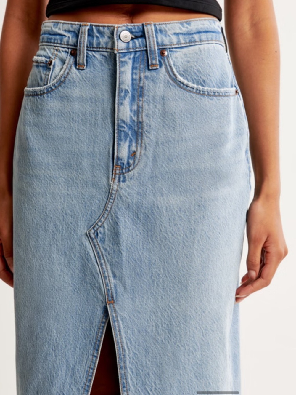NWT: Abercrombie & Fitch High Rise Light Denim Midi Skirt - Picture 5 of 8